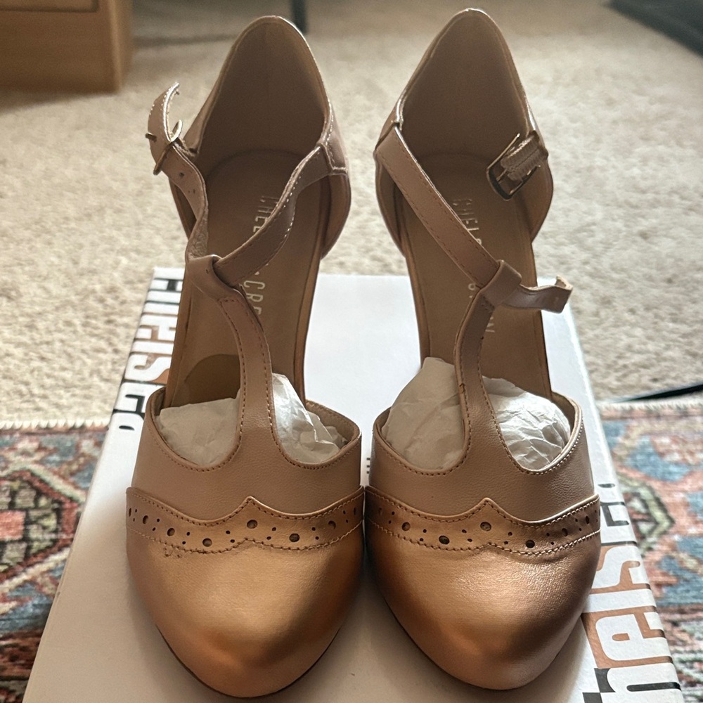 Chelsea Crew Gatsby Rose Gold T strap heels